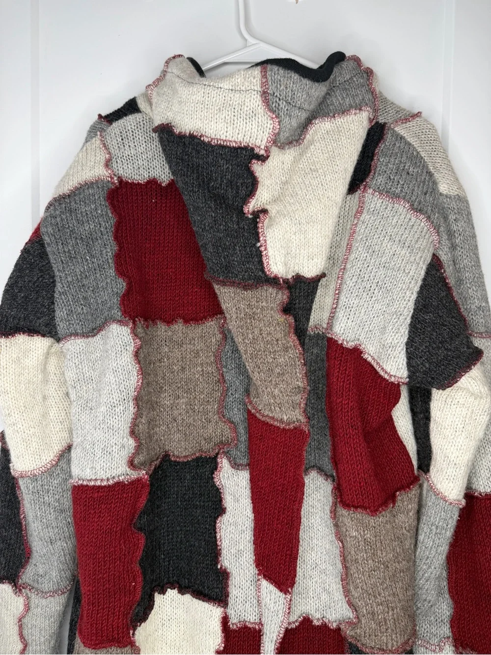 Patchwork Hooded Zip Jacket - Red, Gray & Cream